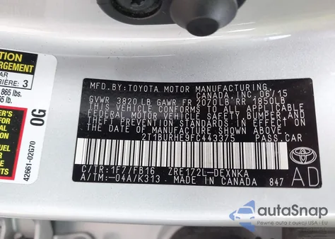 2015 Toyota Corolla Le z USA, uszkodzony, nr VIN 2T1BURHE9FC443375